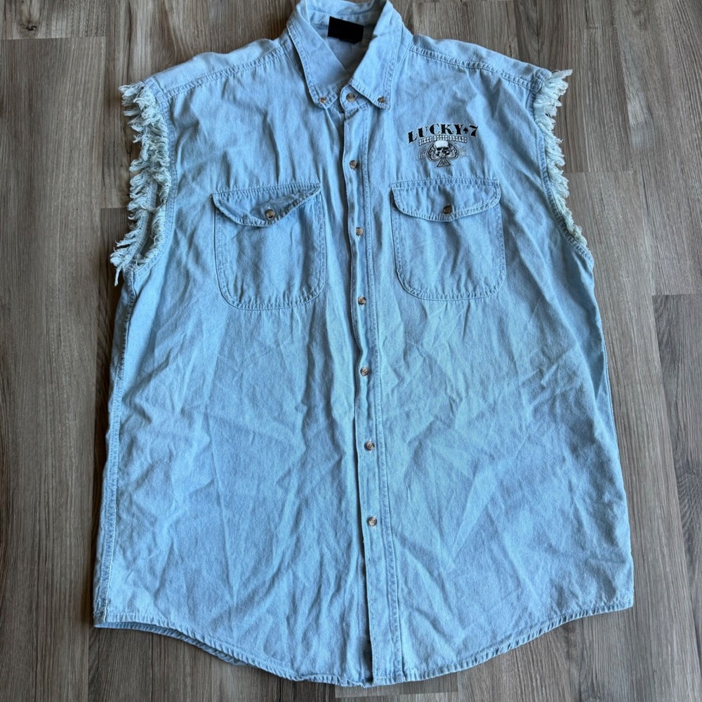Vintage Bikerwear USA Mens Denim Vest Lucky 7 Skull Chopper Light Wash‎ Blue 2XL